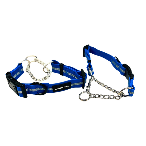 Azure Blue colour with reflective strip, stainless steel metal chain design with black quick release buckle and additional metal D ring 