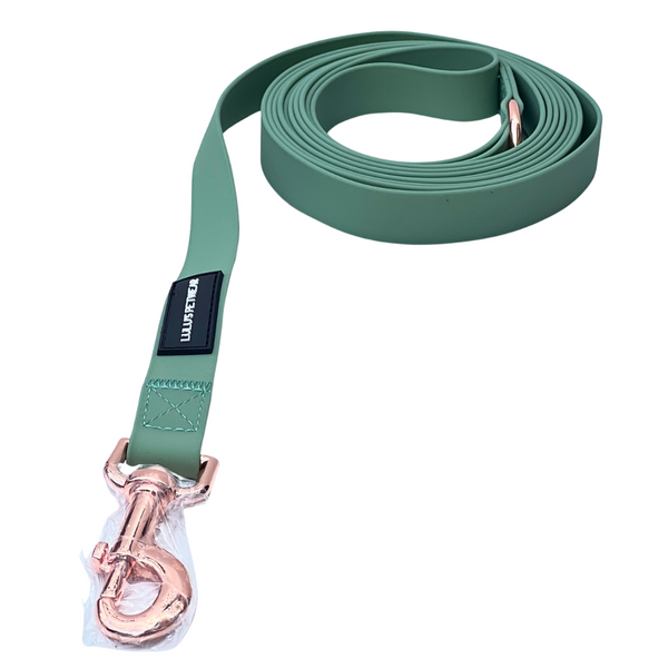 Sage waterproof leash with Rose gold 360 degree swivel hook and Rose Gold D ring for poop bag holder