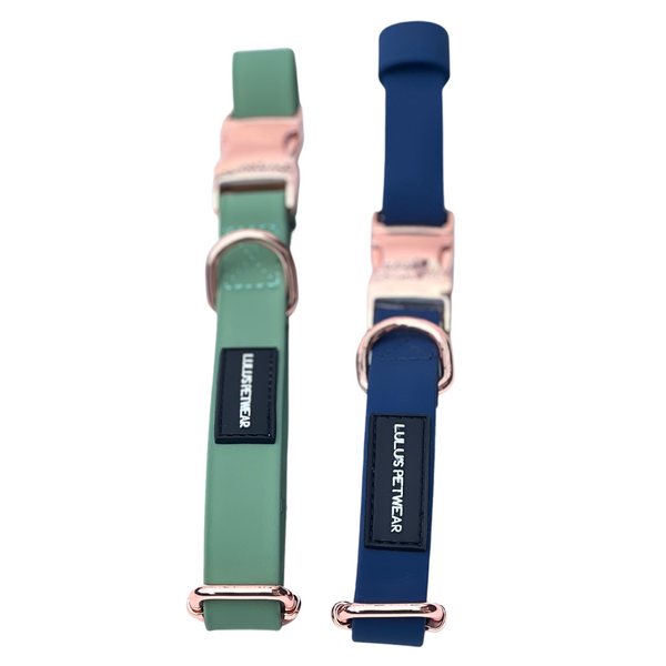 soft pvc biothane waterproof dog collar rose gold hardware in colour navy and sage with rose gold quick release buckle and rose gold D ring adjustable