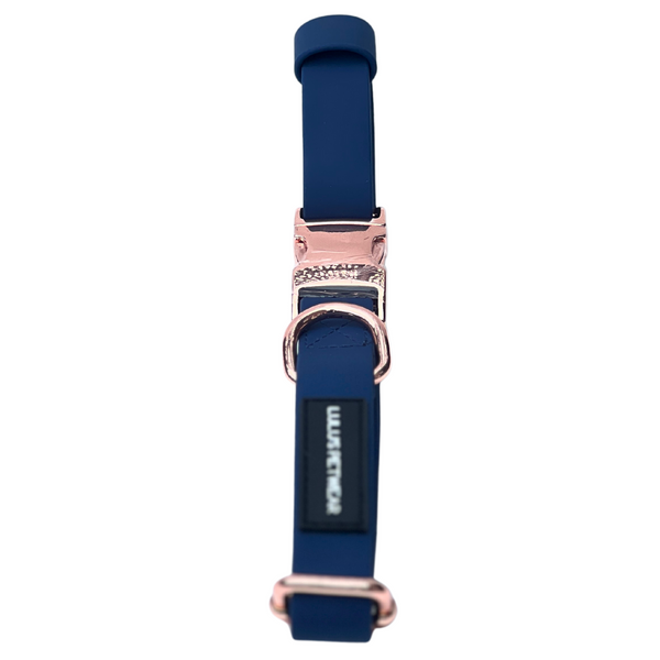 navy and rose gold soft pvc biothane waterproof dog collar luxury collection