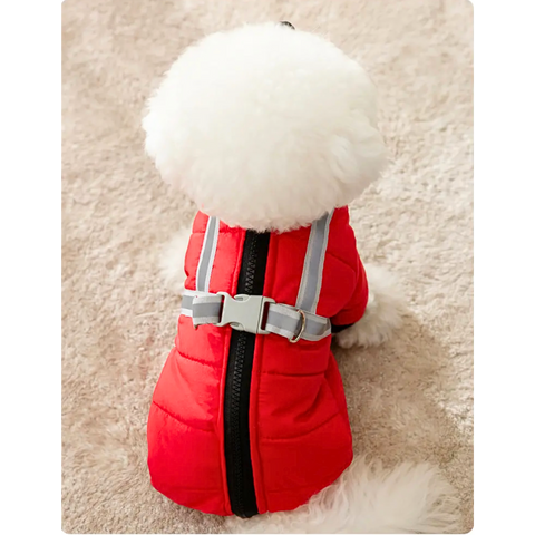 red four legged winter wear with black zipper design and silver reflective build in harness with metal D ring and grey plastic buckle