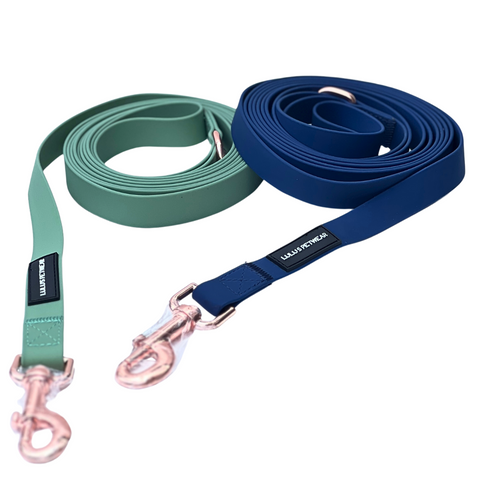 Navy Blue & Sage waterproof leash with Rose gold 360 degree swivel hook and Rose Gold D ring for poop bag holder
