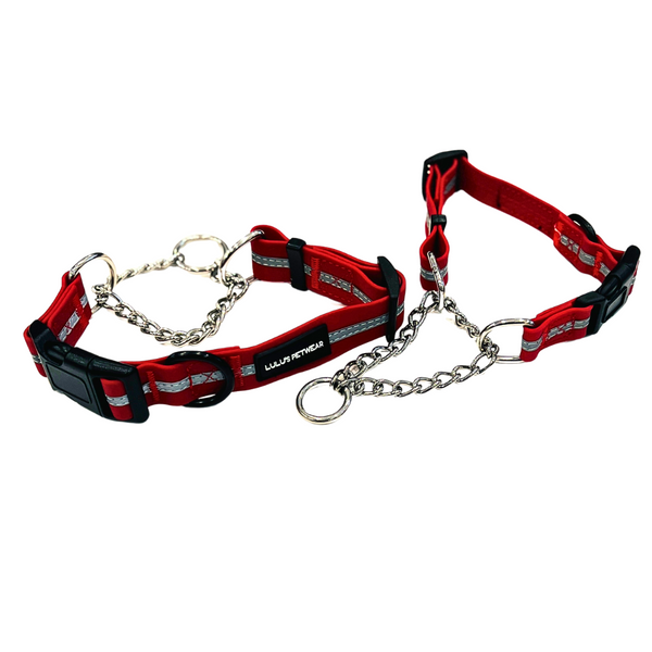 Carmine red colour with reflective strip, stainless steel metal chain design with black quick release buckle and additional metal D ring 