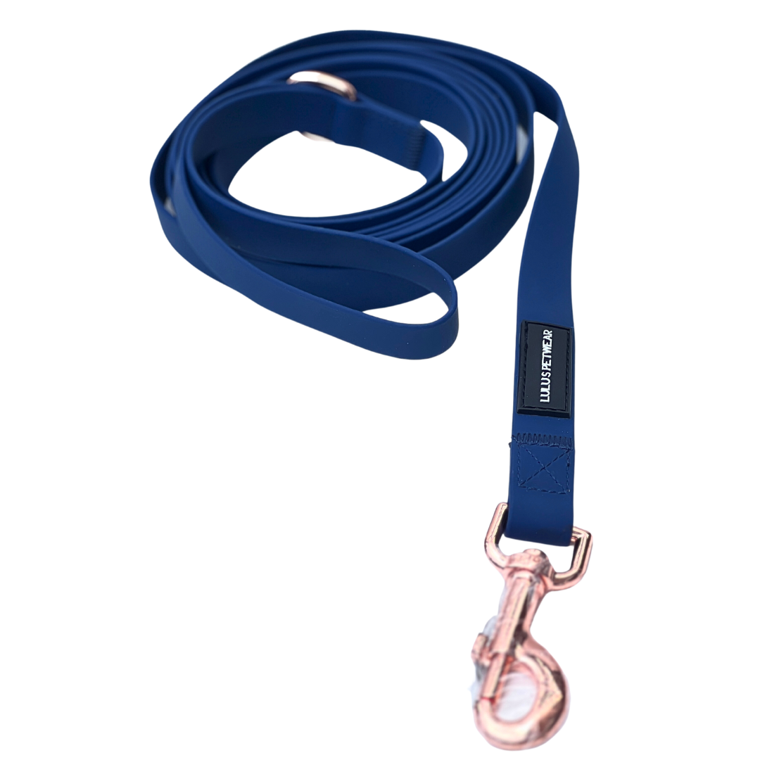 Navy Blue waterproof leash with Rose gold 360 degree swivel hook and Rose Gold D ring for poop bag holder