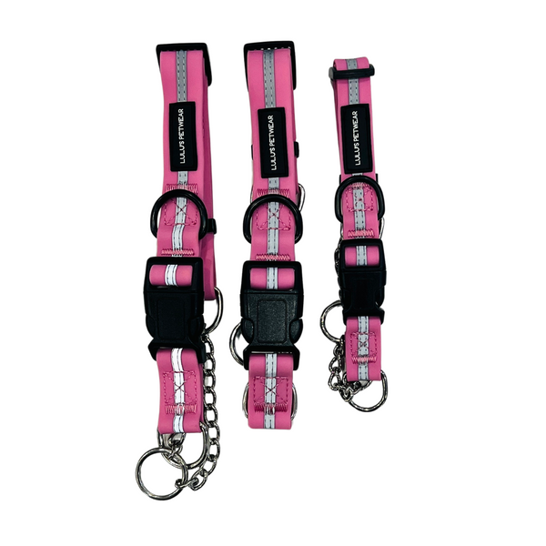 Bubblegum pink colour with reflective strip, stainless steel metal chain design with black quick release buckle and additional metal D ring 