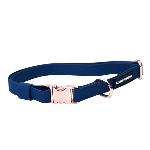 navy and rose gold soft pvc biothane waterproof dog collar luxury collection