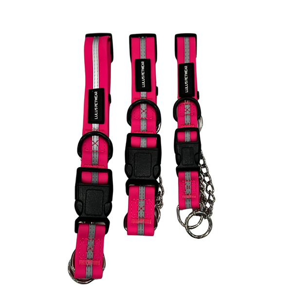Barbie pink colour with reflective strip, stainless steel metal chain design with black quick release buckle and additional metal D ring 