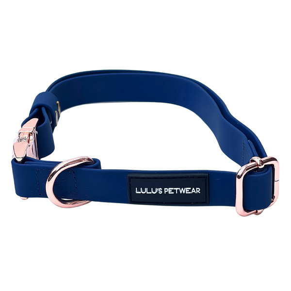 navy and rose gold soft pvc biothane waterproof dog collar luxury collection