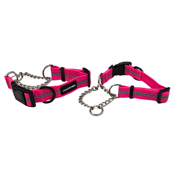 Barbie pink colour with reflective strip, stainless steel metal chain design with black quick release buckle and additional metal D ring 