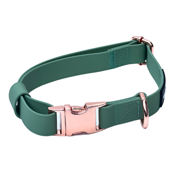 sage olive and rose gold soft pvc biothane waterproof dog collar easy to clean