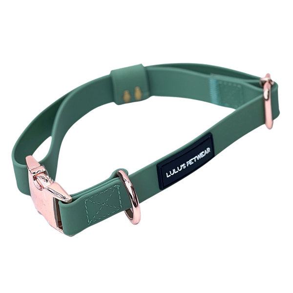 sage olive and rose gold soft pvc biothane waterproof dog collar easy to clean