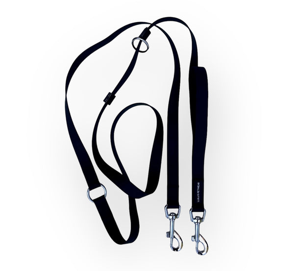 Black handsfree leash with silver metal 360 degree swivel hooks waterproof Canada