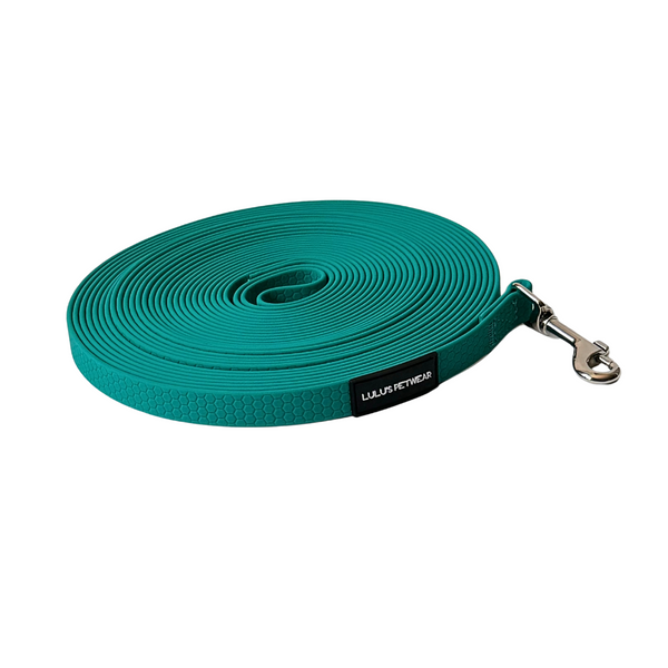Teal 33ft lone line with honeycomb pattern, waterproof, great for training, hiking or swimming dogs