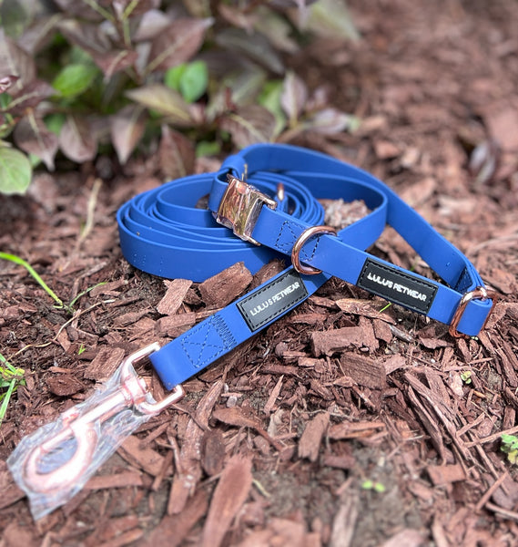 Luxury navy blue waterproof leash with Rose gold 360 degree swivel hook and Rose Gold D ring for poop bag holder
