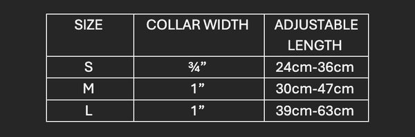 size chart for each size stating collar width and adjustable length