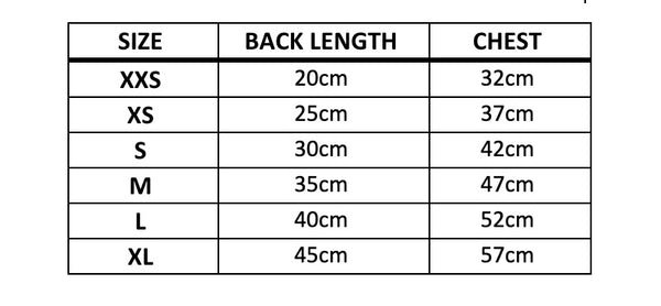 size chart for all 6 sizes xxs-xl 