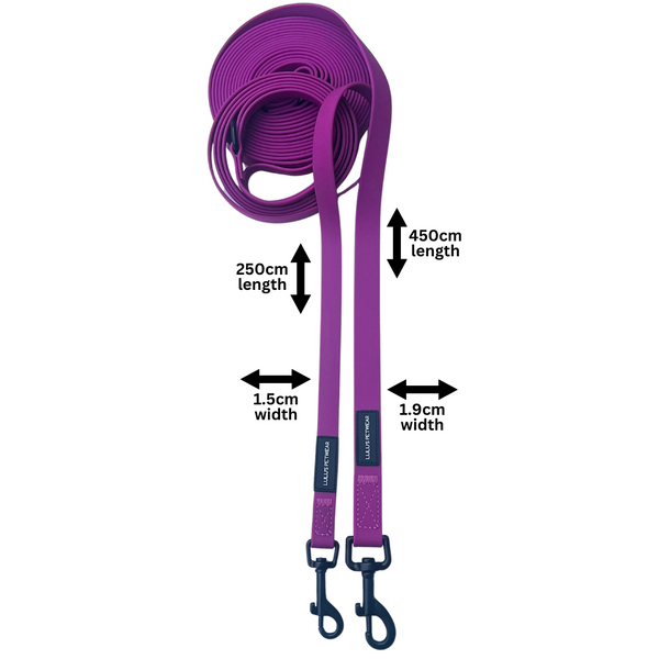 1.5cm leash width with 250cm leash length and 1.9cm width with 450cm length in vibrant purple with black 360 swivel hook