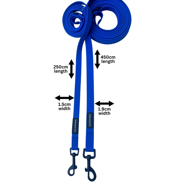 1.5cm leash width with 250cm leash length and 1.9cm width with 450cm length in Azure blue with black 360 swivel hook