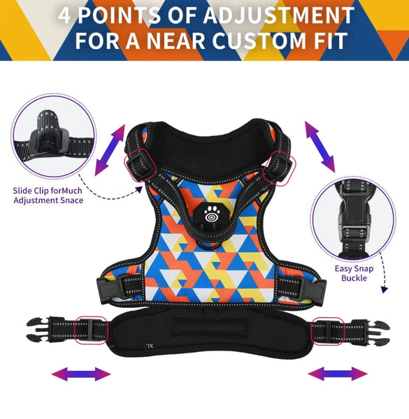 geometrical pattern with blue yellow orange and white colours soft chest harness with front and back leash clips safety control handle on the back for emergency purposes night time reflective stitching on all belts with easy snap buckle on both sides