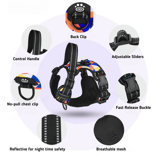 images showing the features back clip control handle no pull chest clip reflective stitching for night time safety inner breathable mesh fast release buckle adjustable sliders for better fit