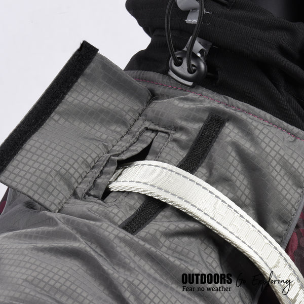 leash/harness hole for convenience covered by waterproof flap jungle jacket in colour red wine
