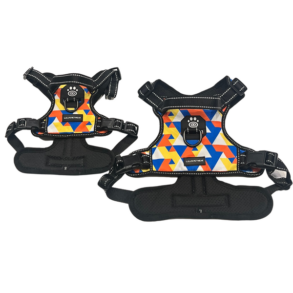 geometrical pattern with blue yellow orange and white colours soft chest harness with front and back leash clips safety control handle on the back for emergency purposes night time reflective stitching on all belts with easy snap buckle on both sides