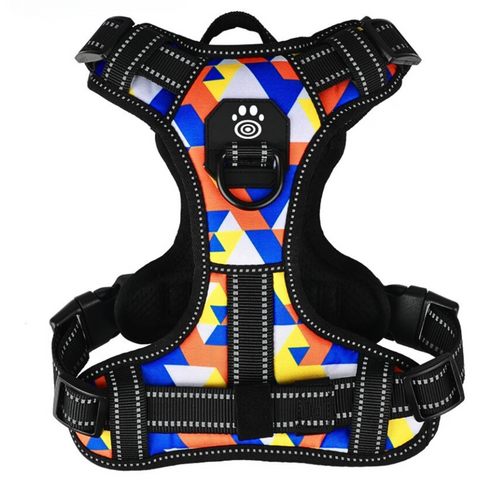 geometrical pattern with blue yellow orange and white colours soft chest harness with front and back leash clips safety control handle on the back for emergency purposes night time reflective stitching on all belts with easy snap buckle on both sides