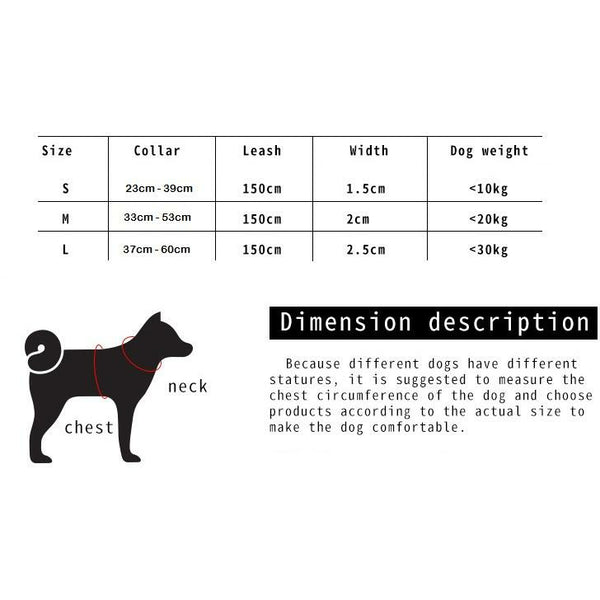 size chart for dog collar and leash