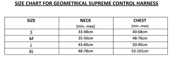 image showing the size chart for harness measurements size small neck 33-48cm chest 40-68cm medium neck 35-50cm chest 48-76cm large neck 43-60cm chest 50-90cm xl neck 48-78cm chest 53-101cm