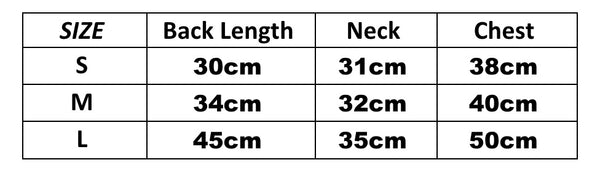 size chart for halloween dog shirt fleece lined dog costume