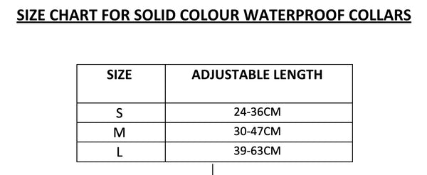 image showing the size chart for adjustable length for collars size small 24-36cm medium 30-47cm and size large 39-63cm