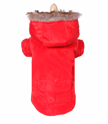 Affordable good quality waterproof small dog jacket with removable faux fur rim hood in candy apple red with leash hole and fleece inner lining Canada