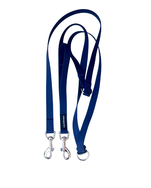 Navy handsfree leash with silver metal 360 degree swivel hooks waterproof Canada